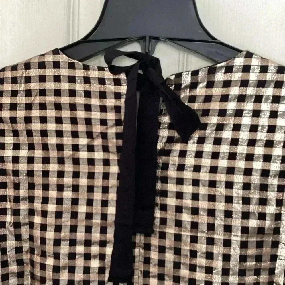 J.Crew Metallic Gold & Black Plaid Puff Sleeve Top Size Medium